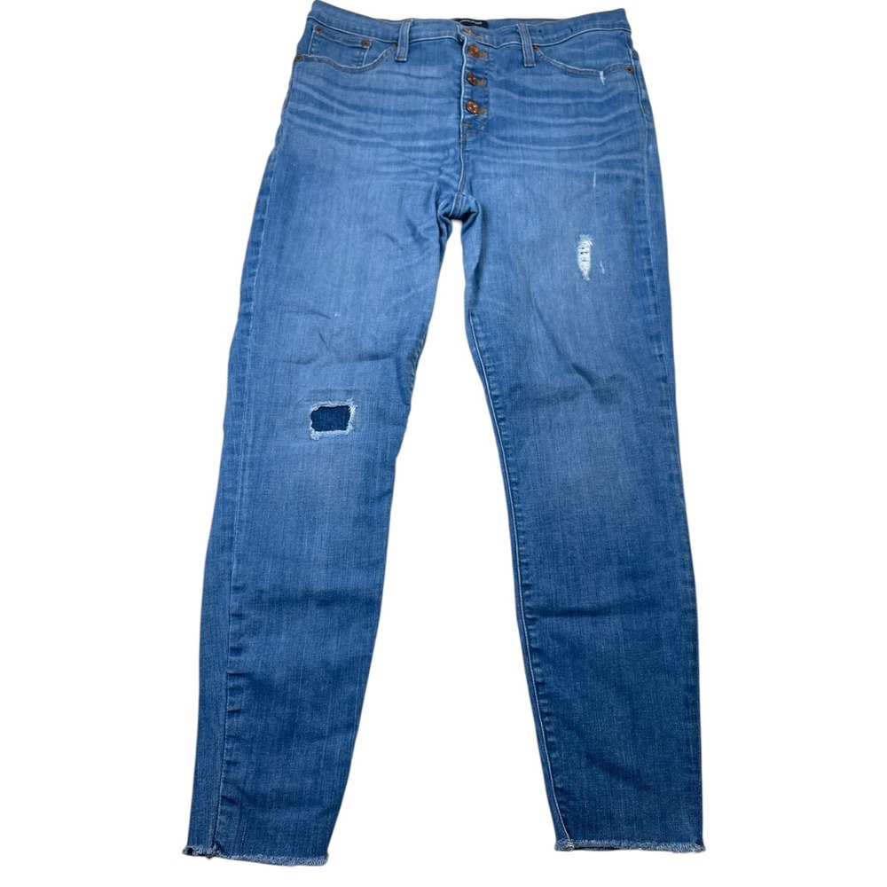 J.Crew 9" Toothpick Jeans Women's 32 Blue Denim Distressed Button Fly High-Rise
